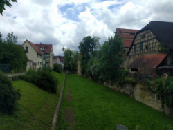Blick entlang der überwachsenen Stadtmauer in Richtung Zwinger.
